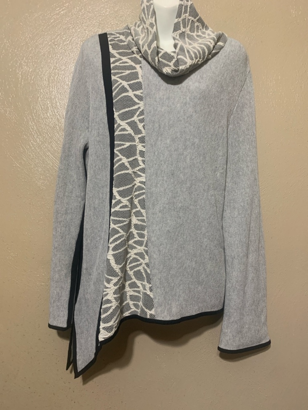 Jaskar L Light Gray Cowl Neck Asymmetrical Sweater Ivory Patterned Black Trim